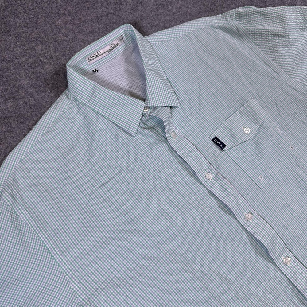 Criquet Shirt Mens 2XL Green Blue Check Short Sleeve Button Front Golf Vented